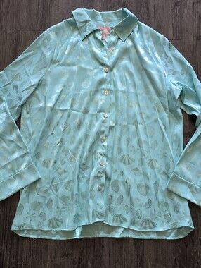 Show Me Your Mumu Aqua Blue Shell Satin Button Up Top Size M